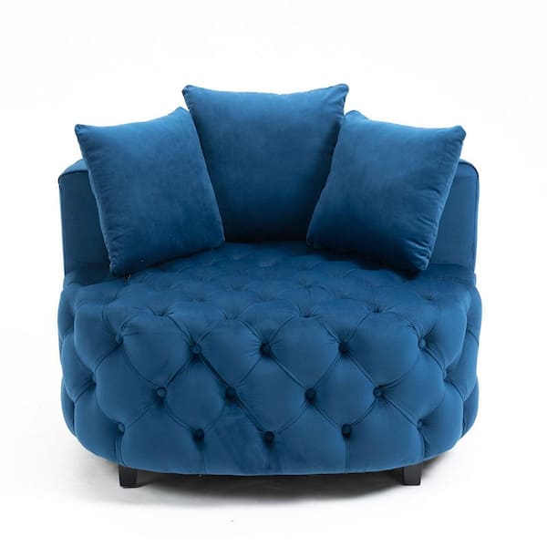 HOMEFUN 41 in. Modern Classical Blue Velvet Barrel Chair with Wooden Legs