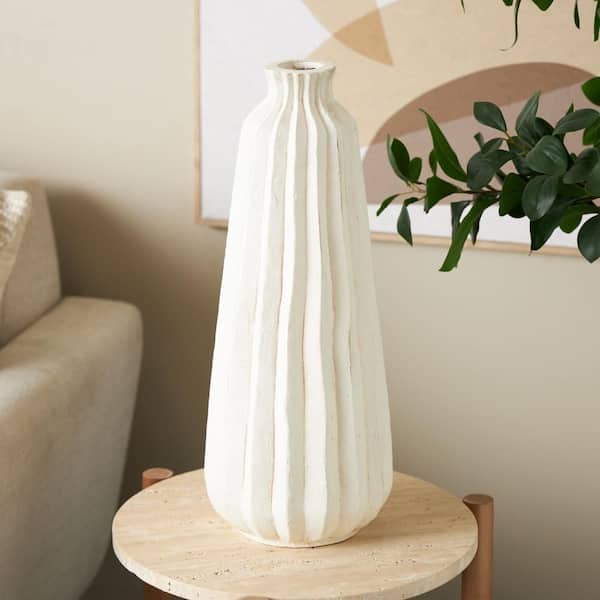 Litton Lane 20 in. Cream Magnesium Oxide Ceramic Round Decorative Vase with Carved Grooves
