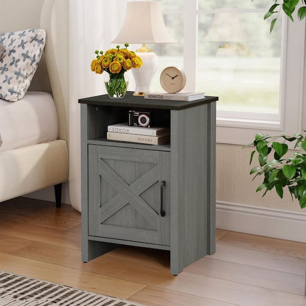 16 in. W Gray Rectangular Engineered Wood Side End Table with Integrated Cable Management