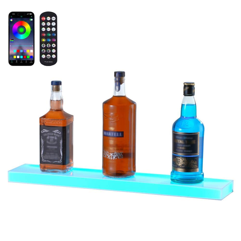 VEVOR LED Lighted Liquor Bottle Display, 1 Tier 24 In. Wall Mounted Whiskey Rack Stand, 1 Step for Home Bar