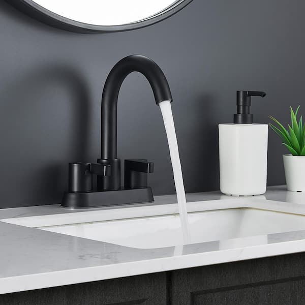 Staykiwi 4 in. Centerset Double Handle Mid Arc Bathroom Faucet with Drain Kit Included in Matte Black