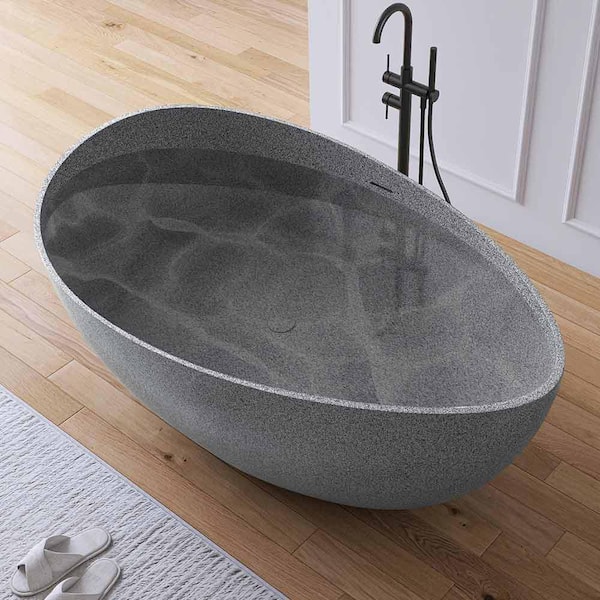 63 in. x 37 in. Wave Stone Resin Solid Surface Flatbottom Freestanding Soaking Bathtub in Gray with Terrazzo Texture