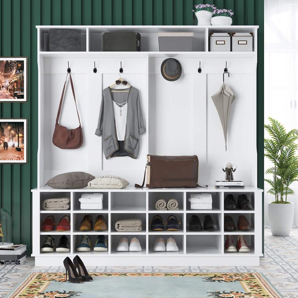 White MDF Wide Hall Tree with Shoe Cubbies and Hooks
