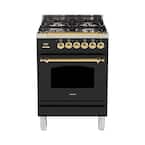 24 in. 2.4 cu. ft. Single Oven Dual Fuel Italian Range with True Convection, 4 Burners, Brass Trim in Matte Graphite