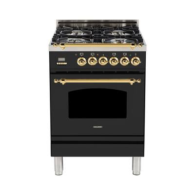 24 in. 2.4 cu. ft. Single Oven Italian Gas Range with True Convection, 4 Burners, Brass Trim in Matte Graphite