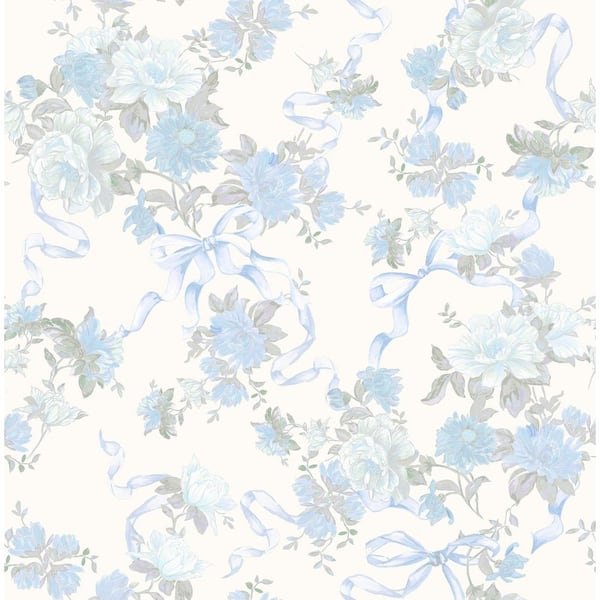 Cabbage Rose Bow Dusty River Blue Ribbons and Roses Wallpaper Sample
