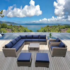12-Piece Wicker Rattan Outdoor Sectional Set with Blue Cushions and Coffee Table