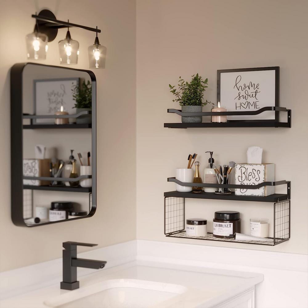Black Wood Floating Wall Shelves with Wire Basket