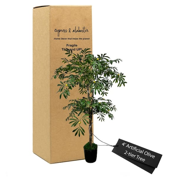 CYPRESS & ALABASTER Handmade 4 ft. Artificial Olive 2-Tier Tree in Home Basics Plastic Pot Made with Real Wood and Moss Accents