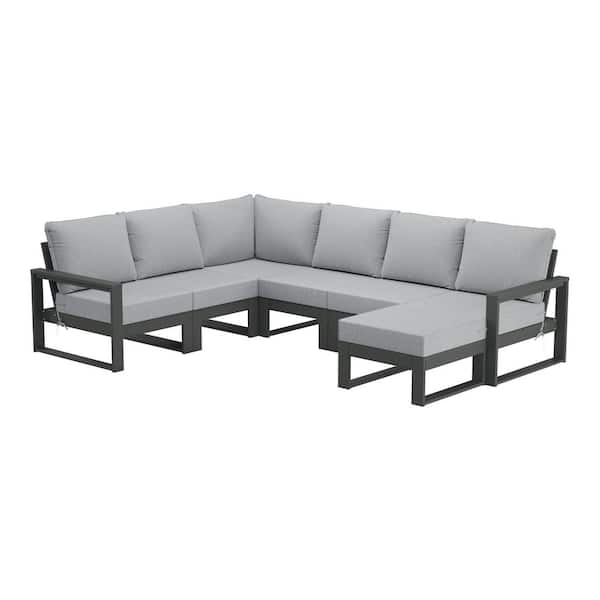 WESTIN OUTDOOR Endless Gray Frame 7-Piece Plastic Outdoor Patio All Weather Modular Sectional Ottoman Set with Light Gray Cushions