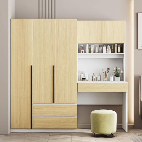 3-Doors Natural Wood 72.9 in. Wardrobe Armoire Closet with Storage Desk and 3 Drawers