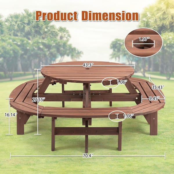 70.40 in. Walnut Brown Round Wood Picnic Tables Seats 12 People