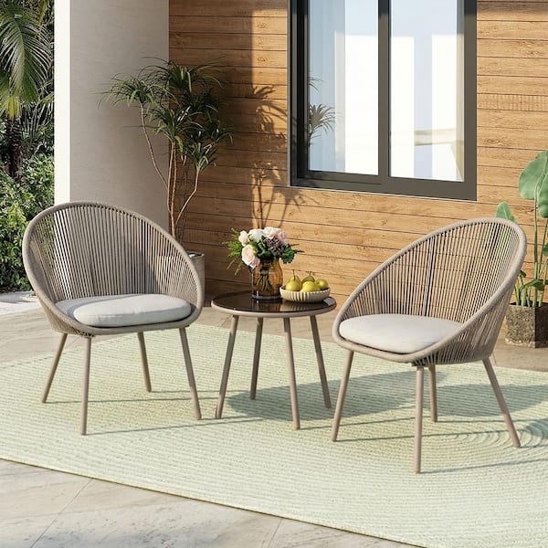 3-Piece Metal Outdoor Bistro Set with Beige Cushion