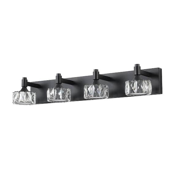28.1 in. Black Brass LED 4-Light Bathroom Vanity Light Bath Wall Lighting with PC and Crystal Shades