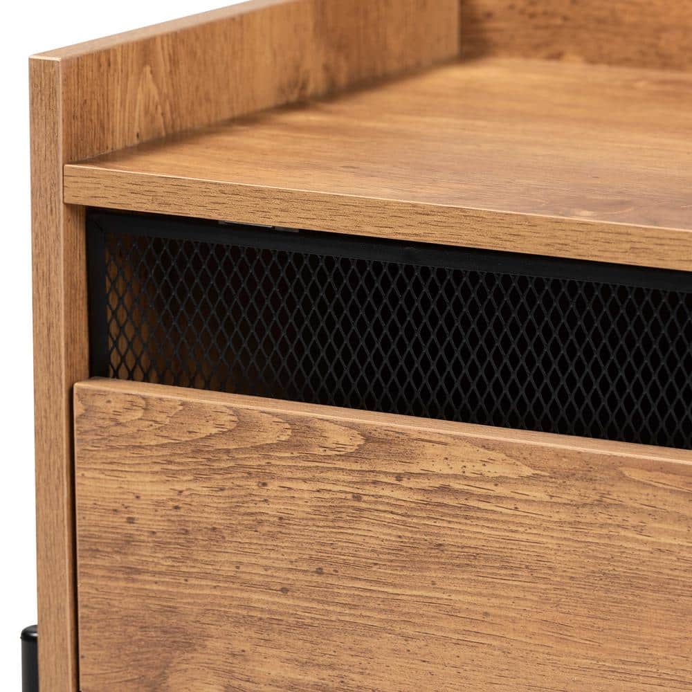 Tasman Natural Brown Wood and Black Metal End Table with Storage