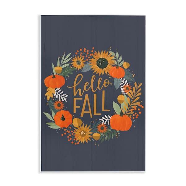 Hello Fall Autumn Greeting Sunflower Pumpkin Wreath by Loni Harris Unframed Graphic Nature Art Print 19 in. x 13 in.