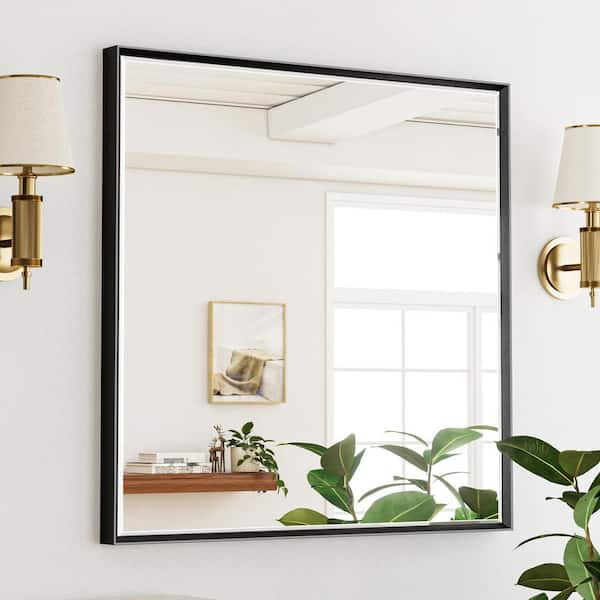 QueenFun 36 in., W x 36 in., H Framed Rectangular Beveled Edge Bathroom Vanity Mirror in Brushed Black