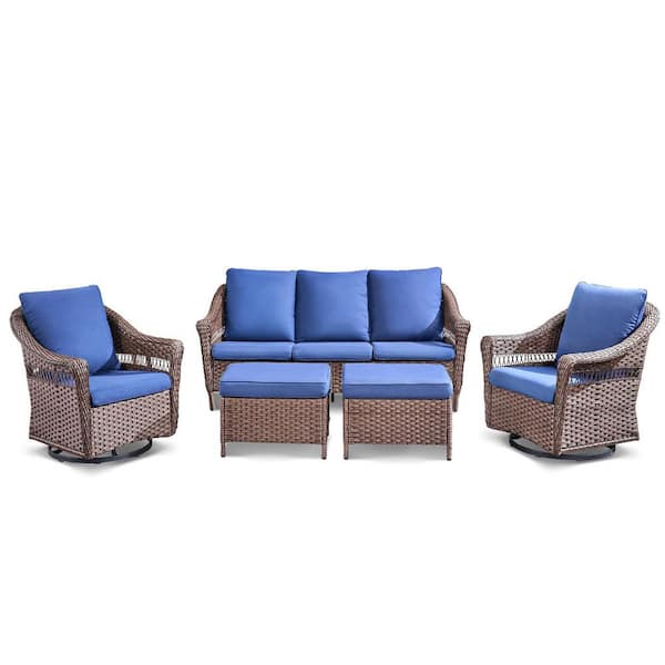 5-Piece Brown Wicker Patio Conversation Set with Swivel Glider Chair, Outdoor Sofa Seating Set with Blue Cushions