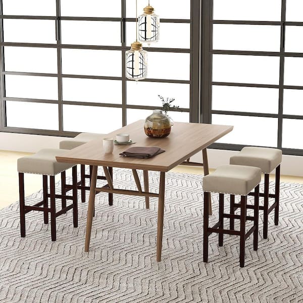 25 in. Beige Set of 4 Bar Stools Counter Height Saddle Kitchen Chairs w/Wooden Legs