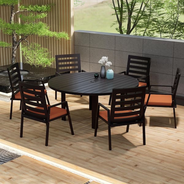 Leisuremod Chelsea 7-Piece Aluminum Outdoor Dining Set with 60 in. Round Table and 6 Dining Armchair w/ Cushions in Orange