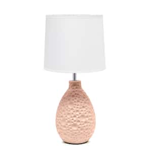 14.17 in. Pink Traditional Ceramic Textured Thumbprint Tear Drop Shaped Table Desk Lamp with White Tapered Fabric Shade