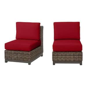 Fernlake Brown Wicker Armless Middle Outdoor Patio Sectional Chair with CushionGuard Chili Red Cushions (2-Pack)