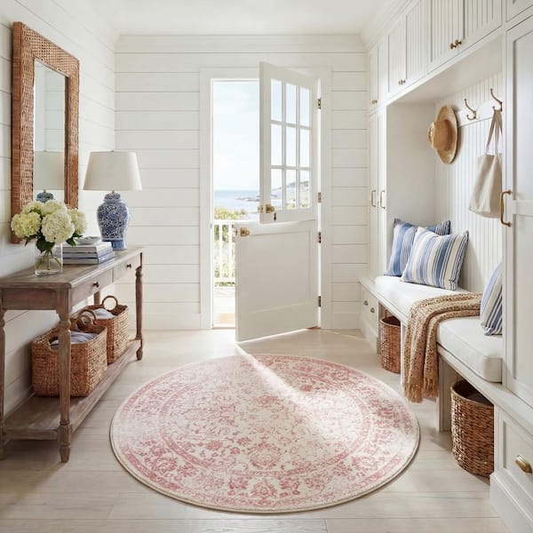 Adirondack 4 ft. x 4 ft. Round Ivory/Rose Border Distressed Area Rug