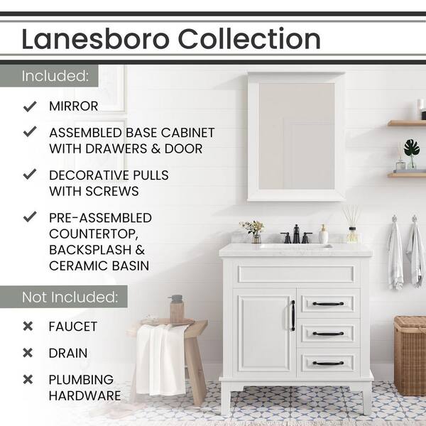 31.5 in. W x 22.05 in. D x 33.46 in. H Lanesboro Vanity Cabinet with Sink, 3 Drawers, White Cabinet