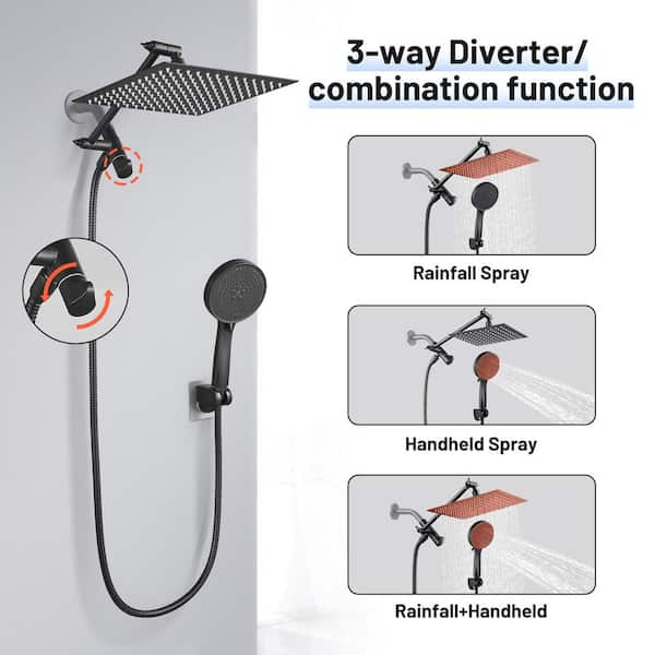Rainfall Shower Head Combo 5-Spray 8 in. Wall Mount Dual Shower Heads and Handheld Shower Head with 1.8 GPM in Black