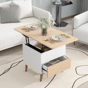 Modern 21.6 in. White and Yellow Square MDF Multifunctional Lift Top Coffee Table with Drawer and Hidden Storage
