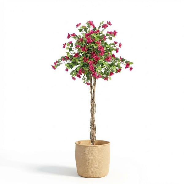 5 ft Artificial Bougainvillea Tree with Pink Flowers, Silk Faux Plant in White Pot-Indoor/Outdoor Decor
