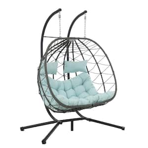 2-Persons Metal Patio Swing Hammock Hanging Chairs with Coral Blue Cushions and Stand Outdoor Loveseat 2-Seat Egg Chair