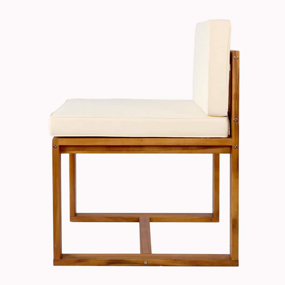 Single beige wood outdoor dining chair on white background.