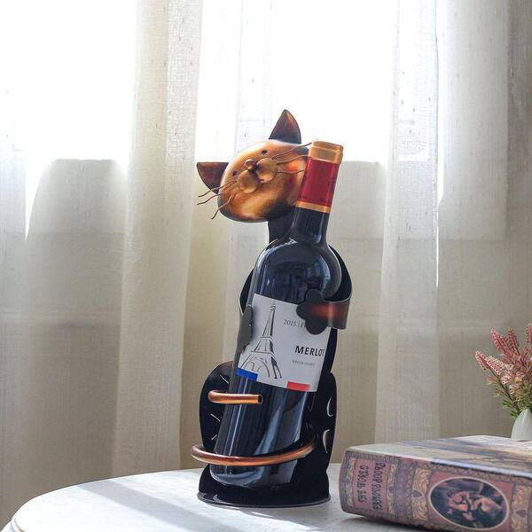 JFVKAF Cat Shaped Black Metal Wine Rack Sculpture Retro Countertop