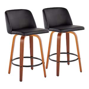 Toriano 35 in. Black Faux Leather and Walnut Wood-Counter Height Bar Stool with Round Black Footrest (Set of 2)