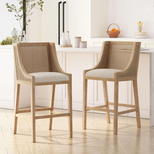 43.5 in. H Beige Fabric Upholstered Counter Stools (Set of 2) with Natural Cane and Rubber Wood Frame