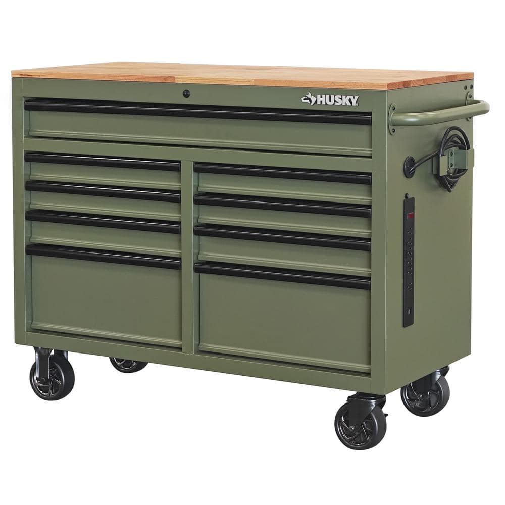 46 in. W x 18.1 in. D 9-Drawer Army Green Mobile Workbench Cabinet with Solid Wood Top -  Husky, H46X18MWC9ARMYM