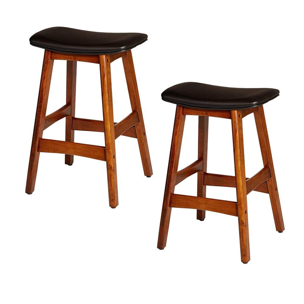 Black Leather Saddle-Style Wood Counter Stool, Set of 2