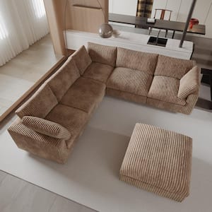 Oversized 118.11 in. W Square Arm Rabbit Velvet Plush Modular Sofa in. Brown with Removable Ottoman