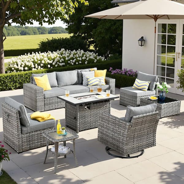 HOOOWOOO Tahoe Grey 9-Piece Wicker Patio Rectangle Fire Pit Conversation Sofa Set with a Swivel Chair and Dark Grey Cushions