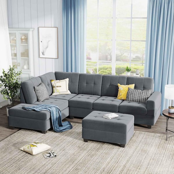 Polibi 104 in. Square Arm Velvet L-Shaped Sofa with Reversible Chaise Lounge in Gray