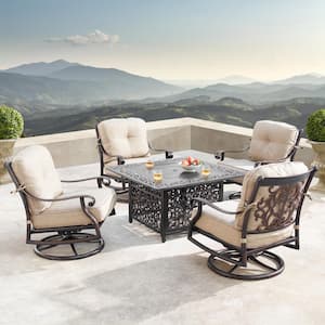Canyon Luxurious Antique Copper 5-Piece Aluminum Patio Fire Pit Deep Seating Set with Tan Beige Cushions