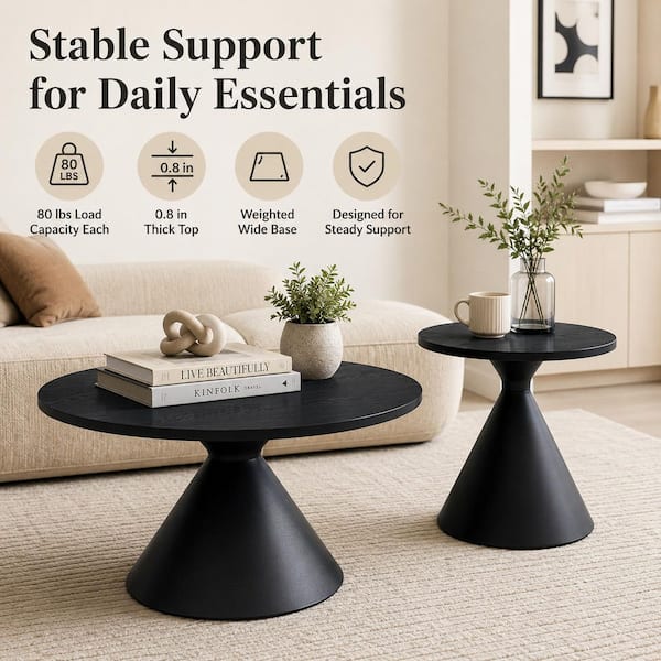 27 in. Black Round MDF Coffee Table Set with Steel Base (2-Pieces)