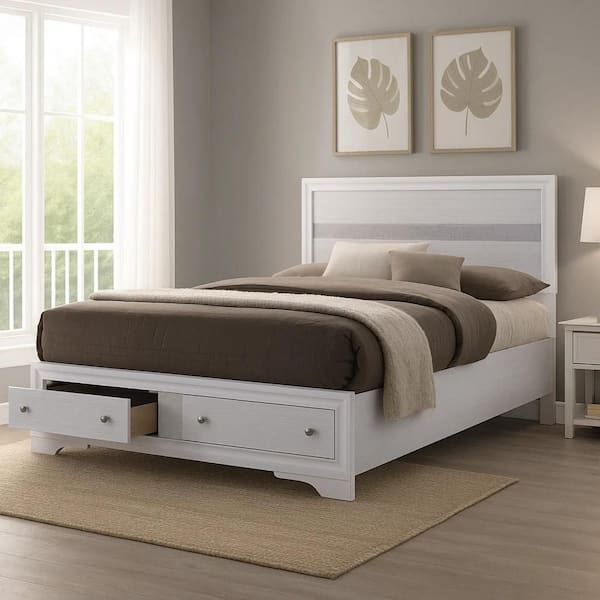 Cevy White Wood Frame Full Panel Bed with Transitional Panel Design