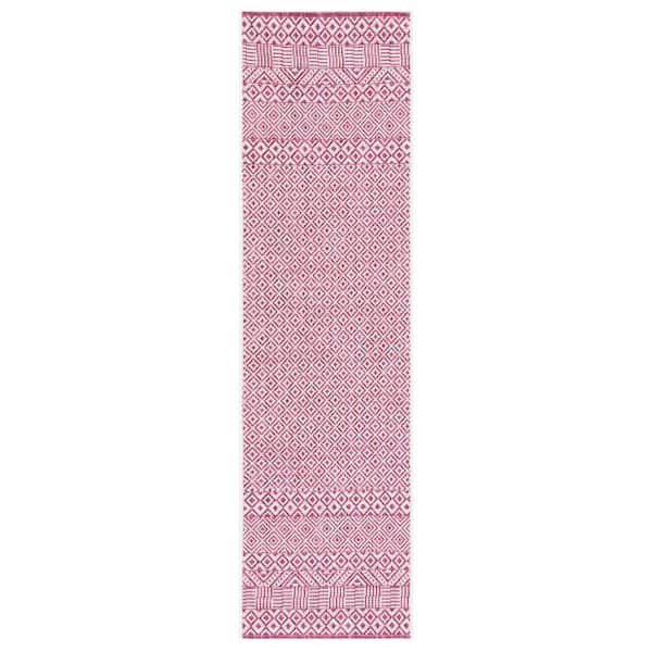 Courtyard 2 ft. x 8 ft. Ivory/Red Geometric Indoor/Outdoor Runner Rug