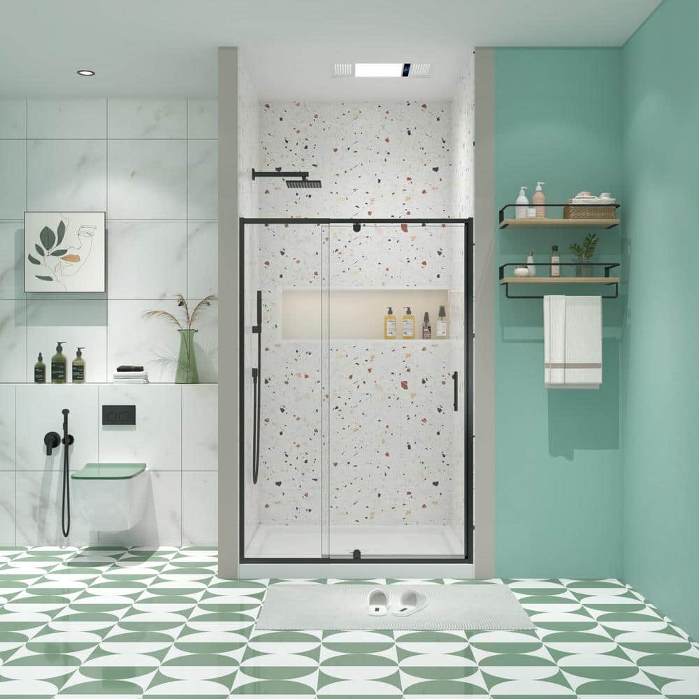 42 in. W x 71 in. H Pivot Framed Shower Door in Matte Black Finish with Cle