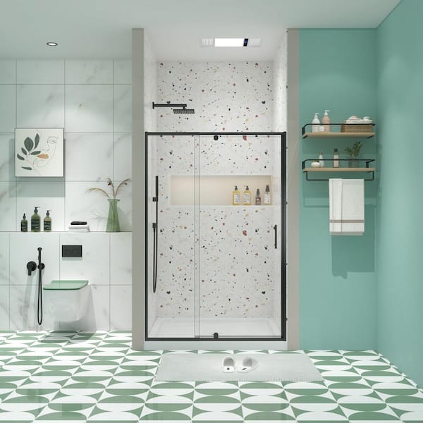 Unbranded 42 in. W x 71 in. H Pivot Framed Shower Door in Matte Black Finish with Clear Tempered Glass