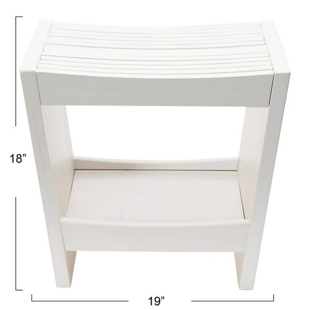 White Solid Wood Footstool with Storage Shelf