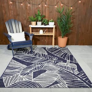 Palm Leaves Navy 5 ft. x 7 ft. Indoor/Outdoor Patio Area Rug