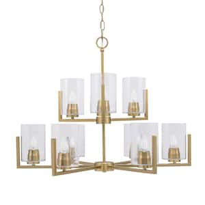 Cottonwood 9-Light New Age Brass Chandelier, Round Chandelier with 4 in. Clear Bubble Glass Shades, No bulbs included